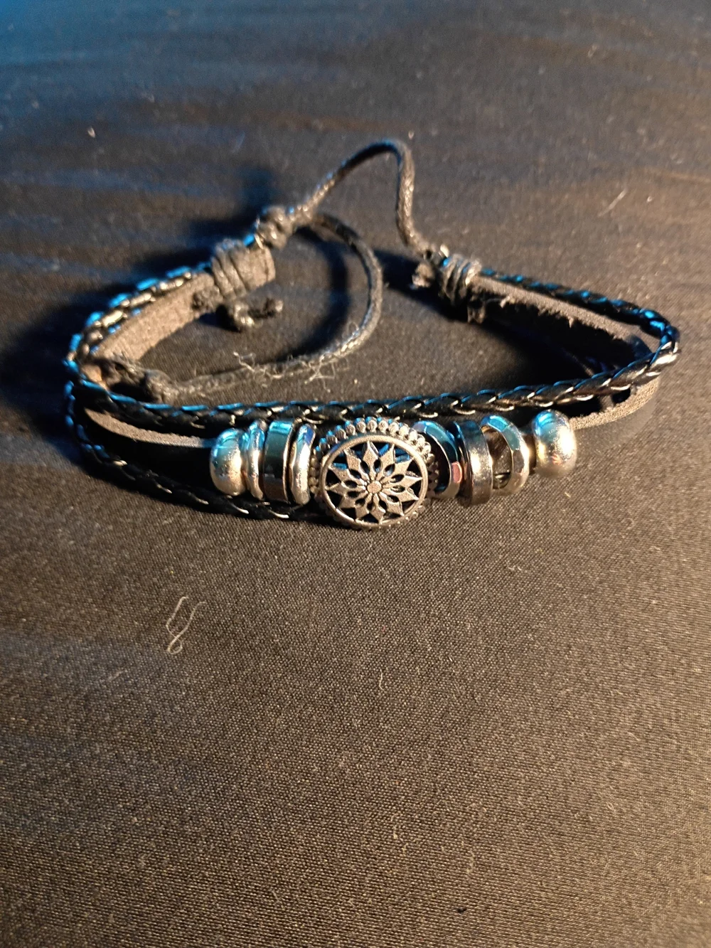 Black Braided Leather Kids Bracelet with Silver Sun Charm